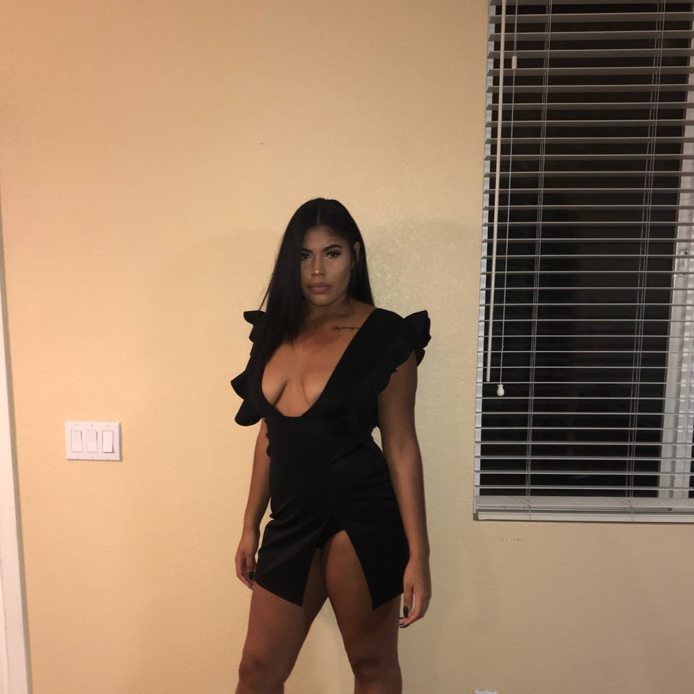 Black Plunge Frill Dress with high slit